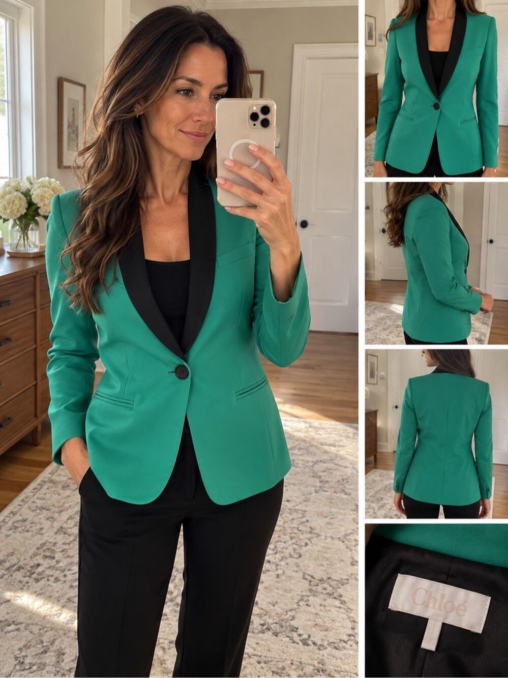 Chloé Green Black Contrast Lapel Tuxedo Blazer Tailored Jacket Size S